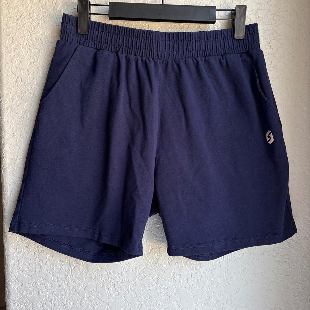Spowind Women M Cotton Gym Shorts Navy Blue Blend Pockets Stretch Activewear